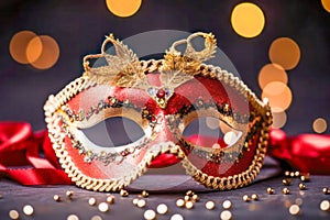 Venetian red ornate carnival mask, adorned with gold trim, sequins, and feathers