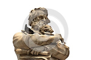 Venetian statue with beard face closeup with dove on hands isola