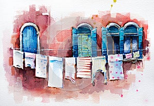 Venetian windows. Watercolor painting