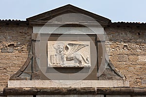 Venetian winged lion bas-relief in bergamo, pax tibi marce evangelista meus peace be upon you marce evangelist , Italy