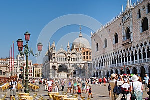 VENEZIA, ITALY - AUGUST 24: Piazza San Marco with Campanile, Basilika San Marco and Doge Palace in Venezia on August 24, 2011 in