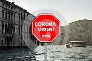 Venezia shutdown for coronavirus. Everithing is closed do to Covid-19 outbreak. View of the channel and boats cruise.