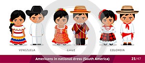 Venezuela, Chile, Colombia. Men and women in national dress. Set of latin americans wearing ethnic clothing. photo