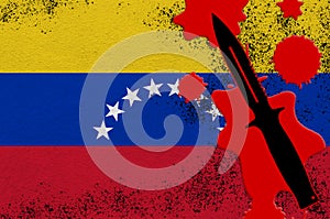 Venezuela flag and black tactical knife in red blood. Concept for terror attack or military operations with lethal outcome