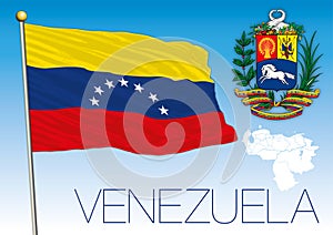 Venezuela flag with seven stars, coat of arms and map photo
