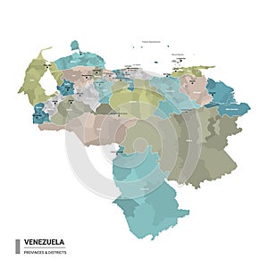 Venezuela higt detailed map with subdivisions. Administrative map of Venezuela with districts and cities name, colored by states