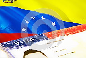 Venezuela immigration document close up. Passport visa on Venezuela flag. Venezuela visitor visa in passport,3D rendering.