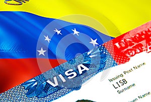 Venezuela immigration visa. Closeup Visa to Venezuela focusing on word VISA, 3D rendering. Travel or migration to Venezuela