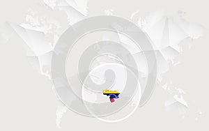 Venezuela map with flag in contour on white polygonal World Map