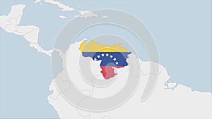 Venezuela map highlighted in Venezuela flag colors and pin of country capital Caracas