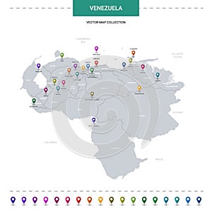 Venezuela map with location pointer marks.