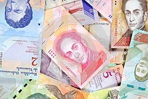 Venezuela money, hyperinflation bolivar banknotes, different bills of fuerte series. Venezuelan bolivar fuerte. beautiful colorful photo
