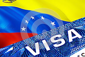 Venezuela visa document close up. Passport visa on Venezuela flag. Venezuela visitor visa in passport,3D rendering. Venezuela