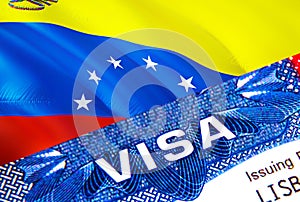 Venezuela visa stamp in passport with VISA text. Passport traveling abroad concept. Travel to Venezuela concept - selective focus,