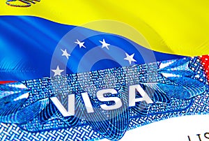 Venezuela Visa. Travel to Venezuela focusing on word VISA, 3D rendering. Venezuela immigrate concept with visa in passport.