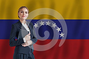 Venezuelan businesswoman on the flag of Venezuela digital nomad, business, startup concept