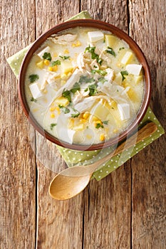 Venezuelan Chupe Andino soup with chicken, cheese, vegetables and cream close-up in a bowl. vertical top view photo
