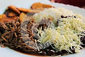 Venezuelan typical dish called Pabellon, made up of shredded meat, black beans, rice, fried plantain slices, and salty cheese.