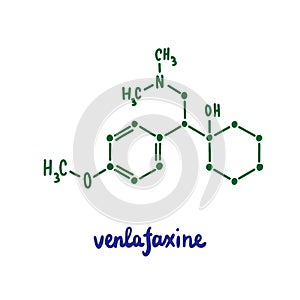 Venflaxacine hand drawn vector formula chemical structure lettering blue green