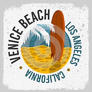 Venice Beach California Surfing Surf Design With A Surf Board On The Beach And Palm Leaf Logo Sign Label for Promotio