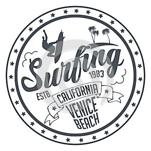 Venice Beach, Californiai Surfing Classic. Vintage Watercolor Hand lettered t shirt apparel fashion print. Retro old school tee gr