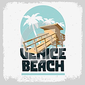 Venice Beach Los Angeles California Lifeguard Tower Station Beach Rescue Palm Trees Logo Sign Label Design For Promotion