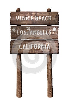 Venice Beach In Los Angeles California Wooden Board Sign Isolated On White Background