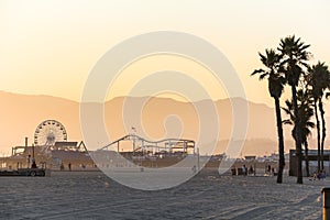 Venice beach with view on Santa Monica Pier at sunset