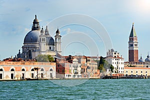 Venice beautiful view of Canal Grande with St Mark campanile bell tower, top photo, Venice, Italy summer 2016