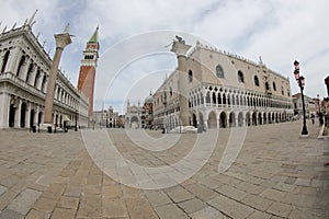 Venice bell tower in Piazza San Marco during the lockdown caused