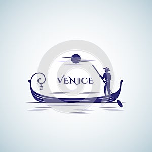 Venice Boat Abstract Vector Sign, Emblem or Logo Template. Floating Gondola, Moon and Boatman Silhouette. photo