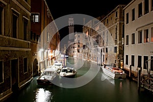 Boats in Venice Canal at Night