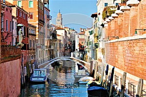 Venice canal, water, bridge, romantic buildings, boats, colours, history and timeless architecture