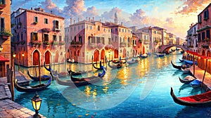 Venice canals with gondolas atmospheric landscape , oil painting style illustration