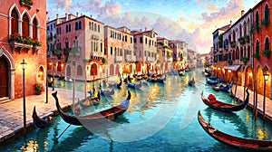 Venice canals with gondolas atmospheric landscape , oil painting style illustration