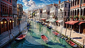 Venice canals with gondolas atmospheric landscape , oil painting style illustration