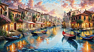 Venice canals with gondolas atmospheric landscape , oil painting style illustration