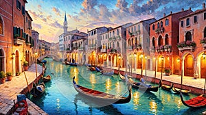 Venice canals with gondolas atmospheric landscape , oil painting style illustration