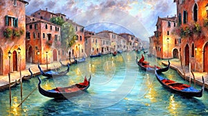 Venice canals with gondolas atmospheric landscape , oil painting style illustration