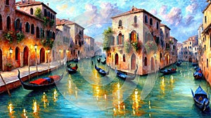 Venice canals with gondolas atmospheric landscape , oil painting style illustration photo