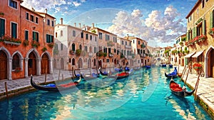 Venice canals with gondolas atmospheric landscape , oil painting style illustration photo