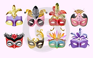 Venice carnival masks. Masquerade party. 3D performance costume. Realistic face for joker or ball. Theater or fashion