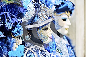 Venice carnival 2017. Venetian Carnival Costume. Venetian Carnival Mask. Venice, Italy. Venetian blue carnival costume.