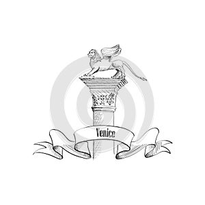 Venice citiy symbol San Marco. Winged lion label