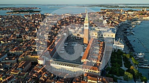 Venice city, aerial view of St. Mark's Square, Basilica and Doge's Palace, Italy