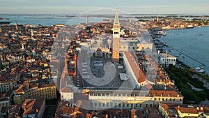 Venice city, aerial view of St. Mark's Square, Basilica and Doge's Palace, Italy