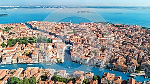 Venice city Grand Canal and houses aerial drone view, Venice island cityscape and Venetian lagoon from above, Italy