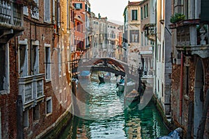 Venice City of Italy. View on Canal, Venetian Landscape with boats and gondolas