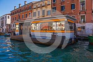 Venice City of Italy. View ferry dock watter taxi stop on Grand Canal for boats