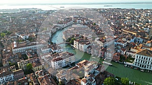 Venice city skyline, aerial view of Ponte dell'Accademia at sunrise, Italy